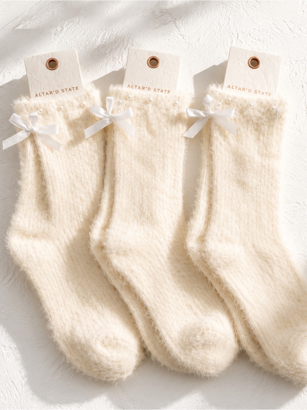 Altar’d State Ivory Fuzzy Pearl Bow Crew Socks NWT Cozy Gift (Each)